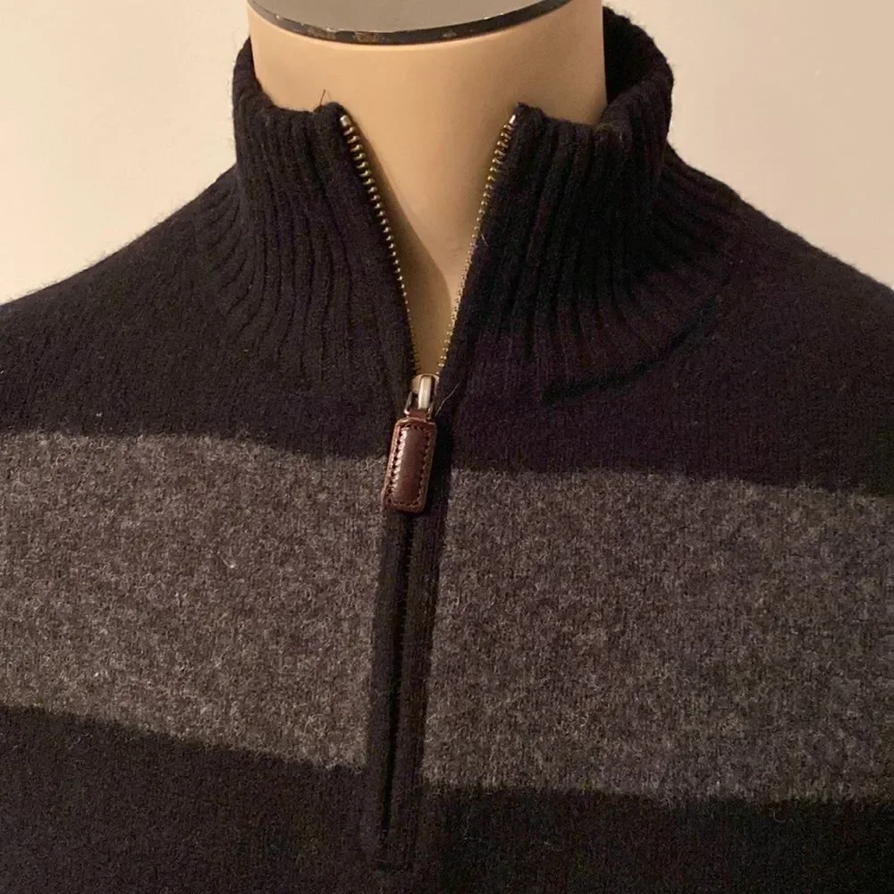 J CREW Men’s LAMBS WOOL LONG SLEEVE SWEATER Large BLACK GRAY STRIPED